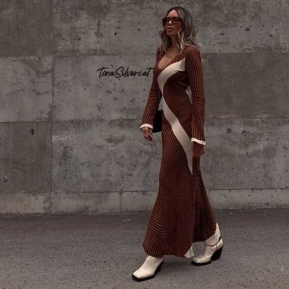 BLOGGER'S FAVE! Zara Striped Midi Dress Brown Sz XS, Small NWT - Picture 10 of 17